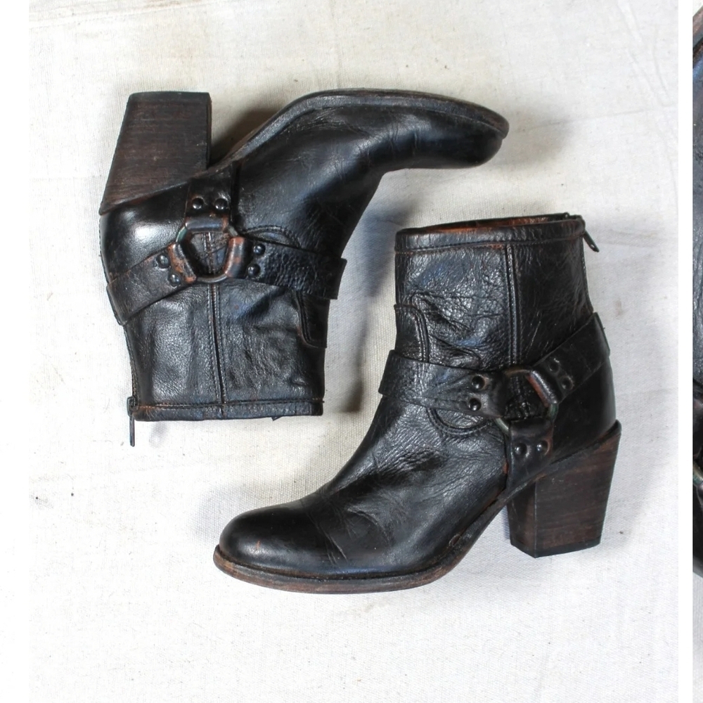 Frye Black Combat Moto Boots with Distressed Leather